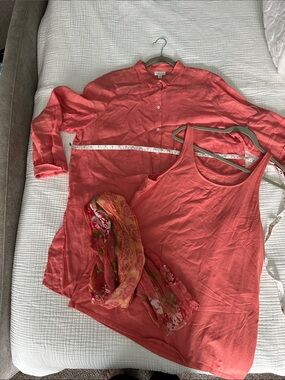J. Jill Coral Linen Shirt and Tank with Floral Scarf